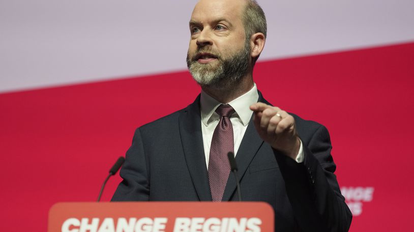 Britain's Secretary of State for Business and Trade Jonathan Reynolds speaks during the Labour Party Conference in Liverpool, England, Monday, Sept. 23, 2024.(AP Photo/Jon Super)