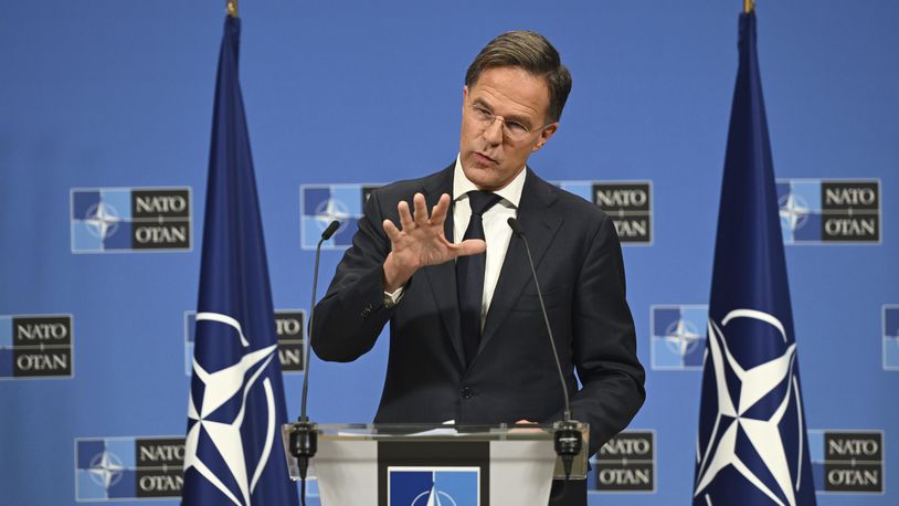 The new NATO Secretary General Mark Rutte speaks during a press conference at NATO headquarters in Brussels, Belgium, Tuesday, Oct. 1, 2024. (AP Photo/Harry Nakos)