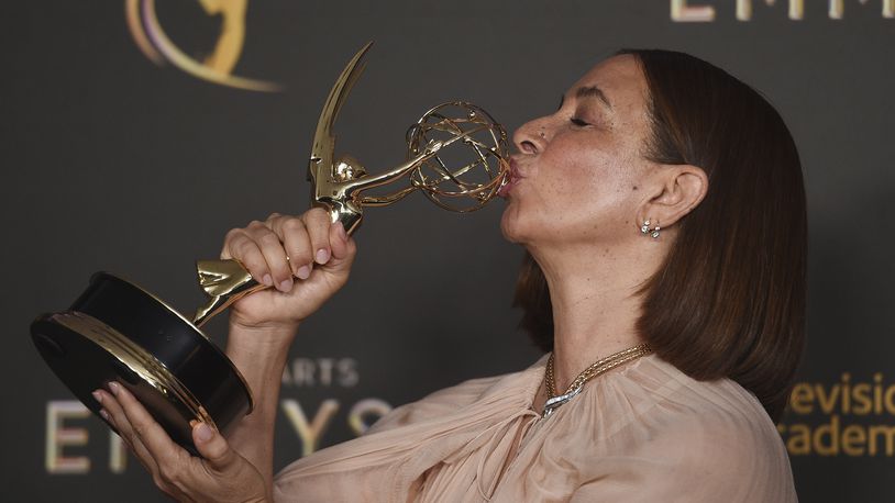 Maya Rudolph kisses her trophy for outstanding character voice-over performance on “Big Mouth" on night one of the Creative Arts Emmy Awards on Saturday, Sept. 7, 2024, in Los Angeles. (Photo by Richard Shotwell/Invision/AP)