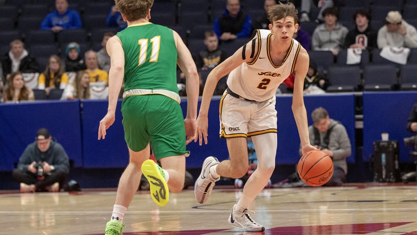 Alter's Brady Conner attacks the Youngstown Ursuline defense during the Knights' state semifinal win at UD Arena. Jeff Gilbert/CONTRIBUTED