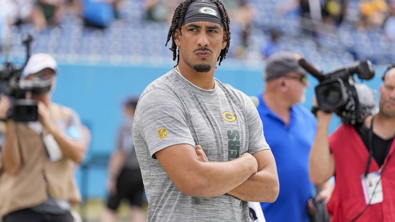 Green Bay Packers' Jordan Love watches before an NFL football game against the Tennessee Titans Sunday, Sept. 22, 2024, in Nashville, Tenn. (AP Photo/George Walker IV)