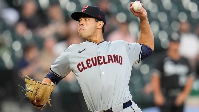 Cleveland Guardians starting pitcher Joey Cantillo throws against the Chicago White Sox during the first inning of a baseball game Monday, Sept. 9, 2024, in Chicago. (AP Photo/Erin Hooley)