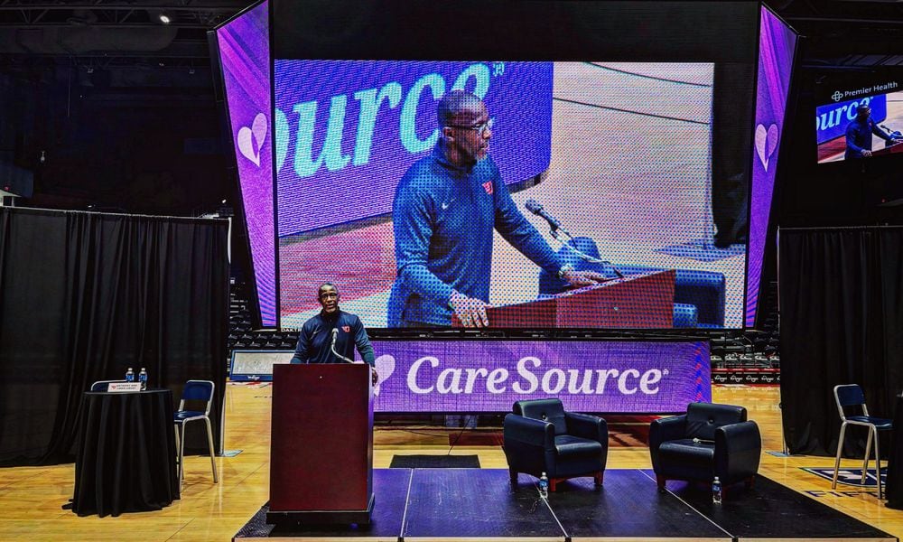 Dayton men's basketball coach Anthony Grant speaks at The Spotlight Town Hall, a mental health event, on Wednesday, Oct. 9, 2024, at UD Arena in Dayton. David Jablonski/Staff