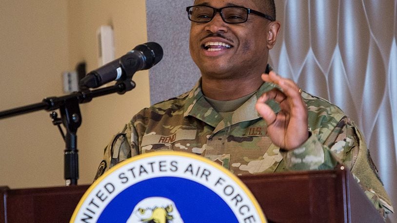 Chief Master Sgt. Bruce Reno, 88th Medical Group senior enlisted leader, gives the keynote speech to Airman Leadership School Class 22-C during its graduation ceremony March 24 at Wright-Patterson Air Force Base. Reno served as class mentor. U.S. AIR FORCE PHOTO/JAIMA FOGG