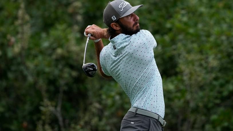 Max Homa hits from the second tee during the first round of the BMW Championship golf event at Castle Pines Golf Club, Thursday, Aug. 22, 2024, in Castle Rock, Colo. (AP Photo/Matt York)