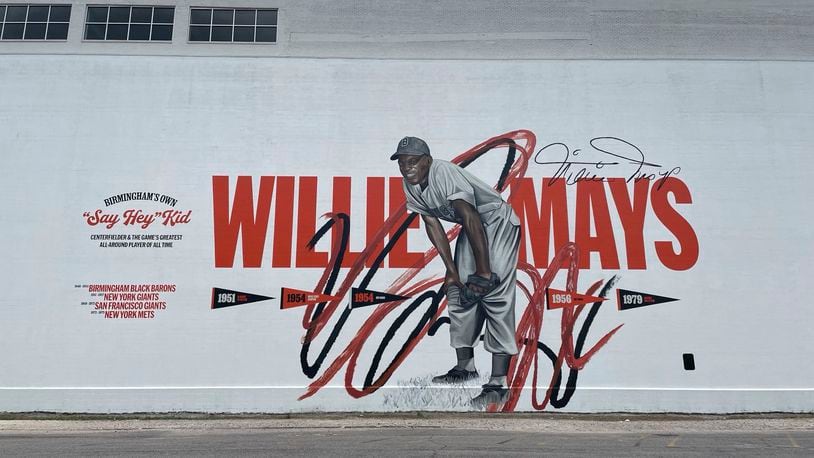A Willie Mays mural is shown in downtown Birmingham, Ala., Wednesday, June 19, 2024. The mural was created by artist Chuck Styles and celebrates Mays' contributions to baseball, honoring the longtime Giants center fielder who died Tuesday at age 93.(AP Photo/Alanis Thames)