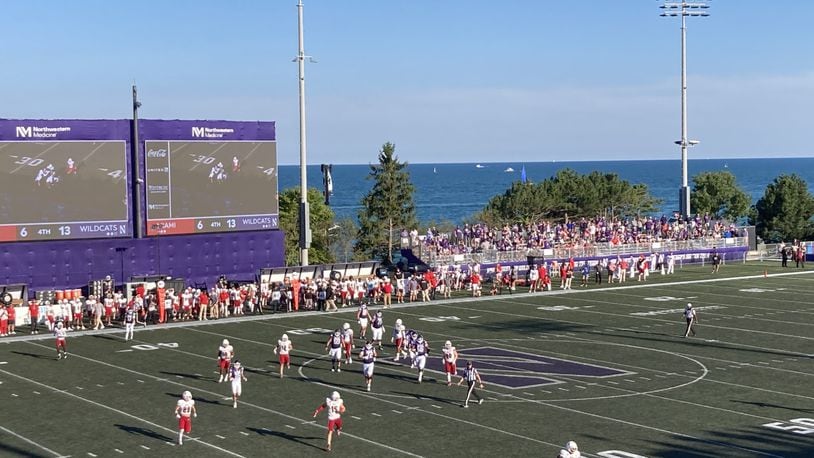 The Miami University RedHawks played the Northwestern Wildcats at a temporary facility, Martin Stadium, on the edge of Lake Michigan. Kasey Turman/CONTRIBUTED