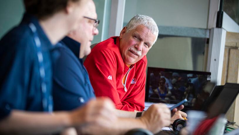 Scorekeeper Stew Thornley chats with colleagues between innings on June 5, 2018 during game one of a double header between the Minnesota Twins and Chicago White Sox at Target Field in Minneapolis, Minn. (Leila Navidi/Minneapolis Star Tribune/TNS)