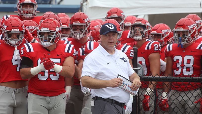 Dayton's Trevor Andrews waits to take the field before a game against St. Francis on Saturday, Aug. 31, 2024, at Welcome Stadium in Dayton. David Jablonski/Staff