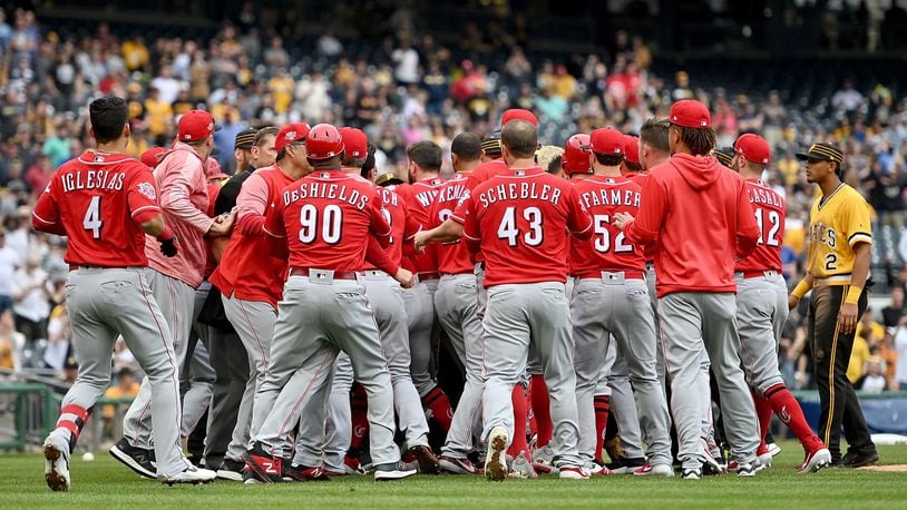 Benches clear after Pirates starter Chris Archer throws behind the Reds’ Derek Dietrich in the fourth inning on Sunday, April 7, 2019 in Pittsburgh, Pennsylvania. (Photo by Justin Berl/Getty Images)