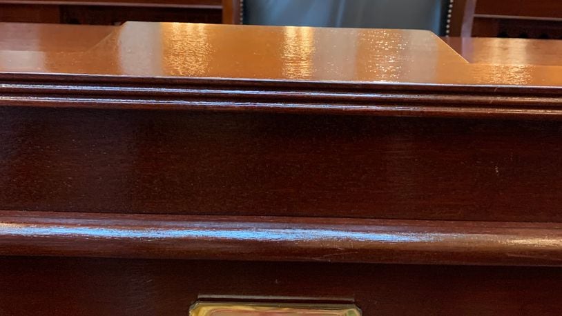 Sen. Niraj Antani's empty chair at the Ohio Statehouse on May 22.
