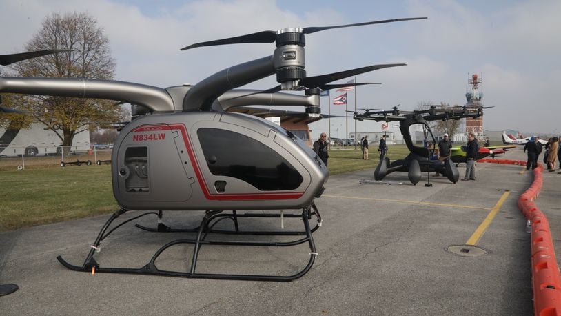 The Springfield-Beckley Municipal Airport hosted the 2021 Ohio Advanced Air Mobility Showcase Wednesday, Nov. 10, 2021. The leading companies in the field of advanced air mobility, or flying cars, were on hand to showcase their work for local, state and National officials. BILL LACKEY/STAFF