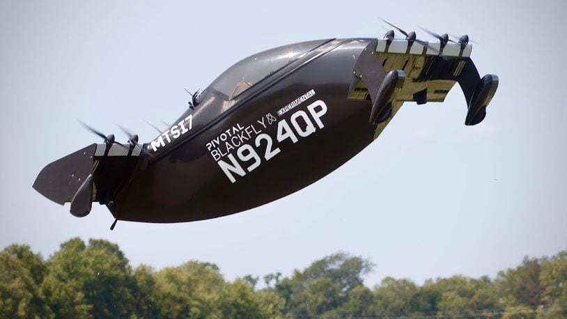 The Black Fly electric vertical takeoff and landing vehicle (eVTOL), above Springfield-Beckley Municipal Airport Wednesday Aug. 21, 2024. MARSHALL GORBY/STAFF