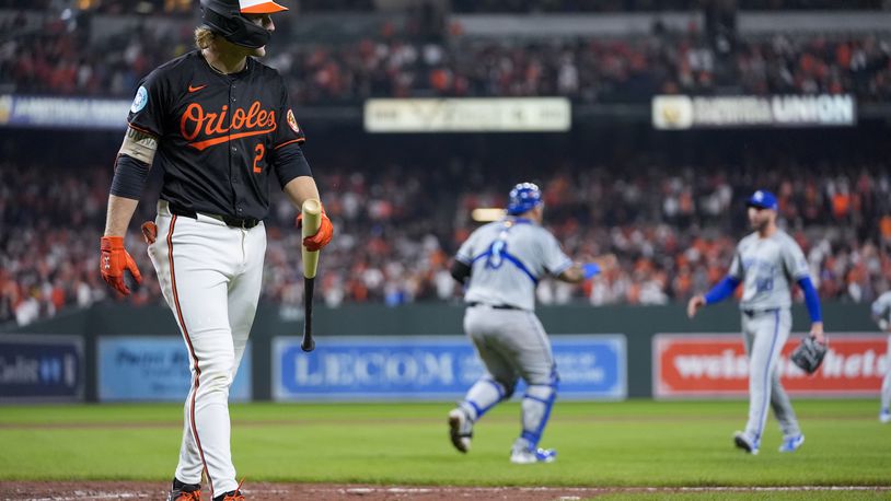 Baltimore Orioles' Gunnar Henderson, left, walks to the dugout after striking out for the final out as Kansas City Royals pitcher Lucas Erceg, right, and catcher Salvador Perez react following Game 2 of an AL Wild Card Series baseball game, Wednesday, Oct. 2, 2024 in Baltimore. The Royals won 2-1. (AP Photo/Stephanie Scarbrough)