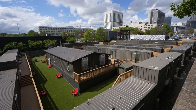 The gated micro community known as “The Melody” is shown Friday, April 12, 2024, in Atlanta. The Melody is a housing complex made from shipping containers and is intended to help house people from Atlanta's homeless population. (AP Photo/John Bazemore)