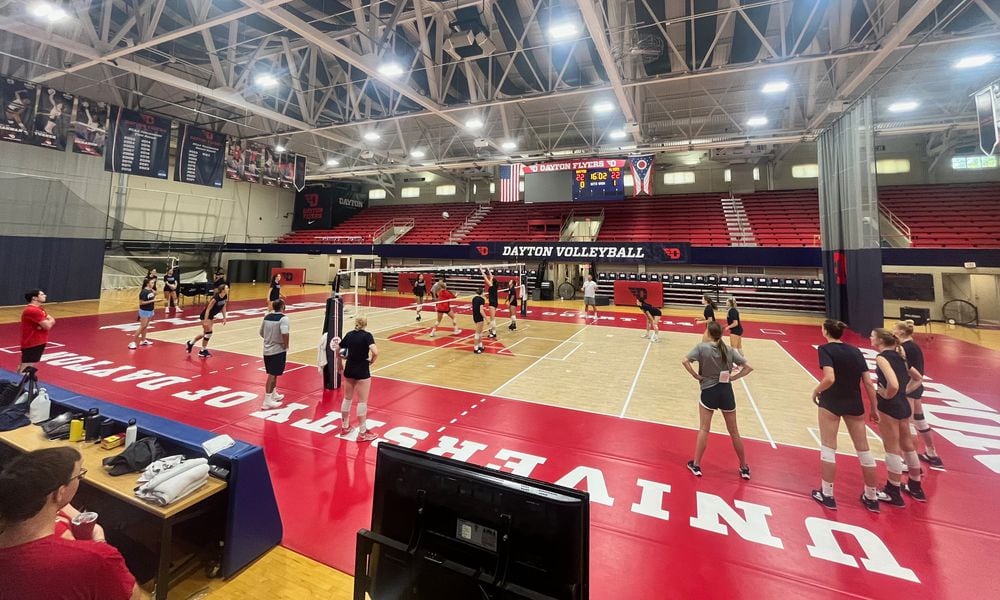 The Dayton volleyball team practices at the Frericks Center on Wednesday, Aug. 28, 2024. David Jablonski/Staff