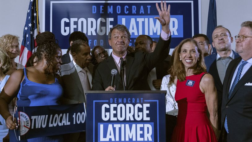 Westchester County Executive George Latimer speaks at his election night party in White Plains, N.Y., Tuesday, June 25, 2024. (AP Photo/Jeenah Moon)