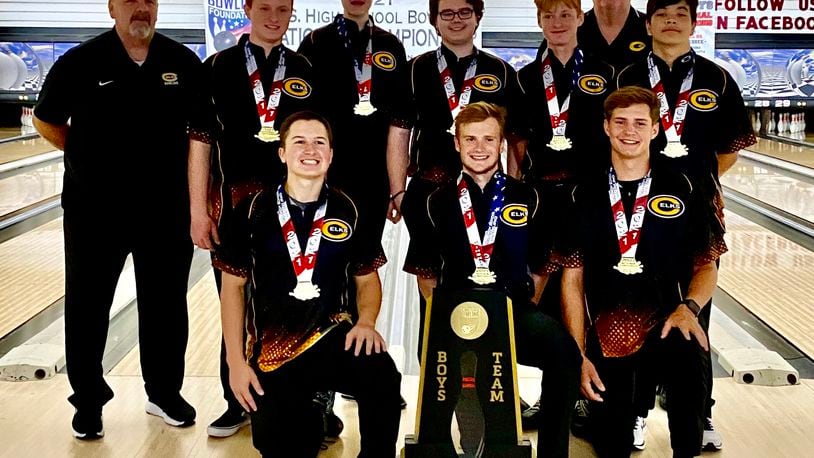 Centerville's U.S. High School Bowling National Championship team
Front row (L to R) junior Brendan Salo, senior captain Ian Dobran, junior Anthony Conty
Back row (L to R) assistant coach Terry Brassington, senior Max Hamrick, sophomore Nolan Caban, sophomore Cole Gregory, freshman Zach Hamrick, senior Maximus Wright, coach Andy Parker - contributed