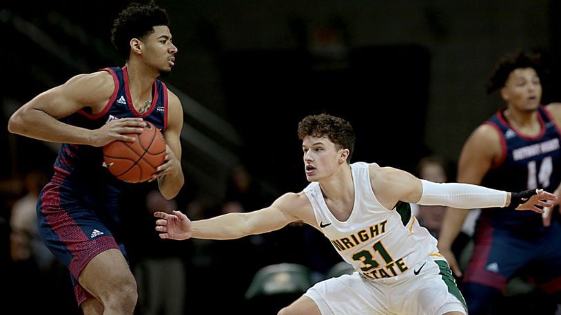 Wright State University guard Cole Gentry covers Detroit Mercy forward Alonde LeGrand during their Horizon League game at the Nutter Center in Fairborn Thursday, Feb. 6, 2020. Wright State won 98-86. Contributed photo by E.L. Hubbard