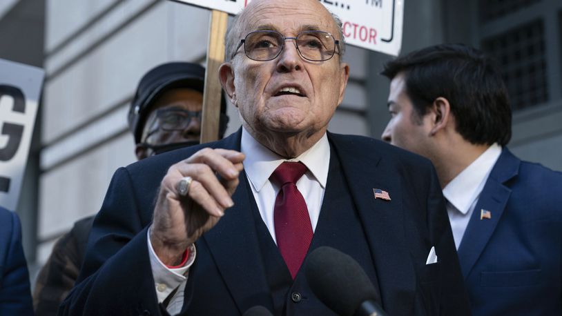 FILE - Rudy Giuliani speaks during a news conference outside federal court in Washington, Dec. 15, 2023. (AP Photo/Jose Luis Magana, File)