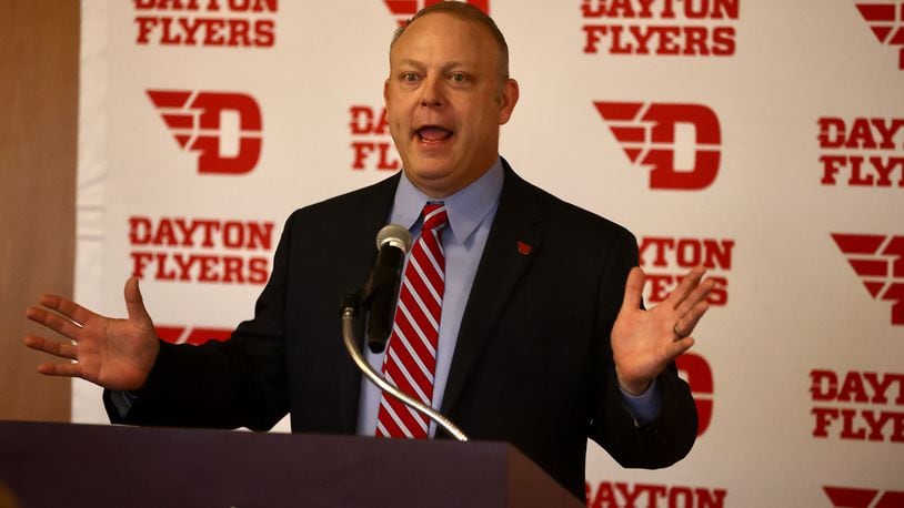 Trevor Andrews speaks at a press conference where he was introduced as Dayton head football coach on Wednesday, Dec. 14, 2022, at UD Arena. David Jablonski/Staff