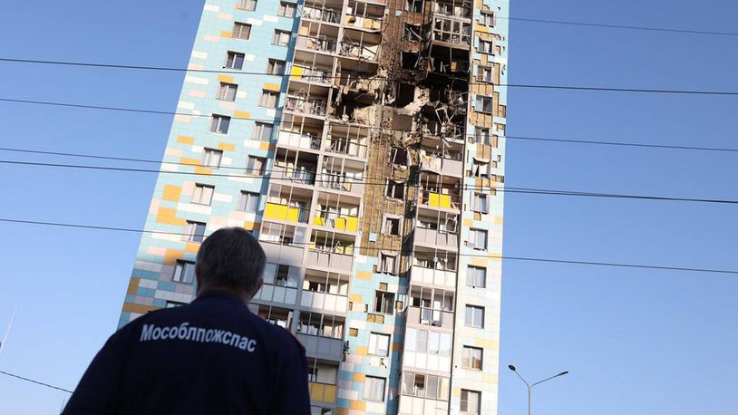 This photo released by Moscow Region Governor Andrei Vorobyev official telegram channel shows the site of the damaged multi-storey residential building following an alleged Ukrainian drone attack in Ramenskoye, outside Moscow, Moscow region, Russia, on Tuesday, Sept. 10, 2024. (Moscow Region Governor Andrei Vorobyev official telegram channel via AP)