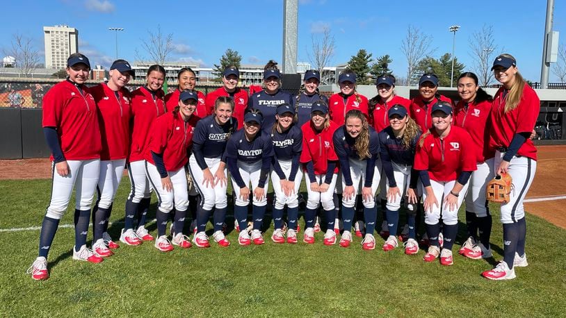 The Dayton softball team celebrates a victory against Ohio on March 4, 2023, in Richmond, Ky. Photo courtesy of UD