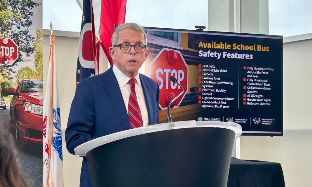 Ohio Gov. Mike DeWine speaks after his task force finalized recommendations to improve school bus safety in Ohio on January 31, 2024.