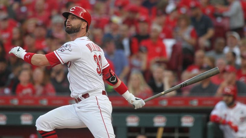 The Reds’ Jessie Winker hits a lead-off home run in the first inning against the Astros on Tuesday, June 18, 2019, at Great American Ball Park in Cincinnati. David Jablonski/Staff