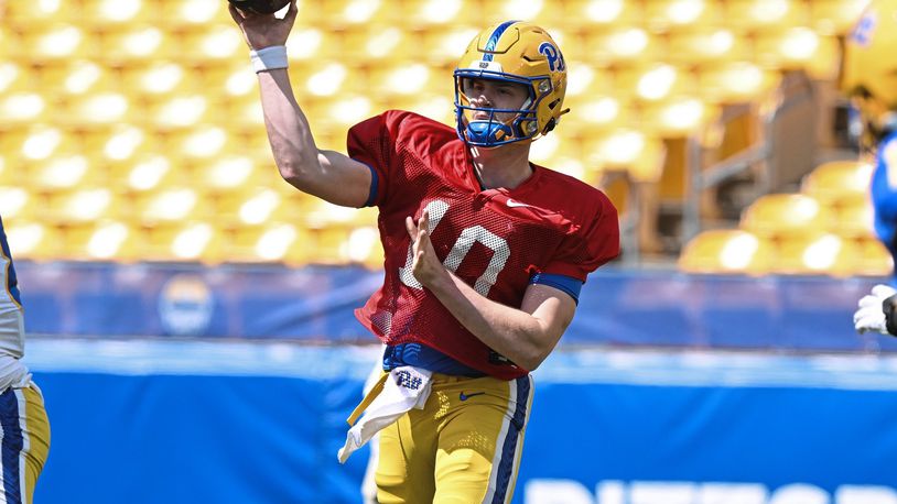 Pittsburgh quarterback Eli Holstein drops back to pass during the NCAA college football team's Blue and Gold spring game, April 13, 2024, in Pittsburgh. (Sebastian Foltz/Pittsburgh Post-Gazette via AP, file)