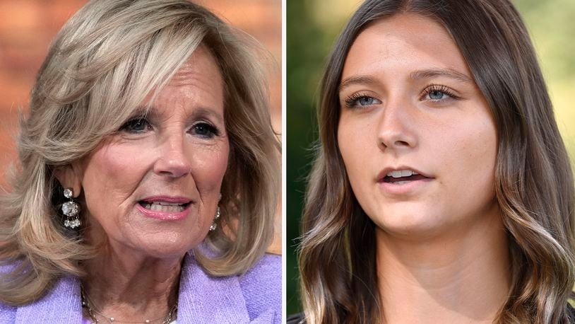 This combination photo shows first lady Jill Biden in Washington, Nov. 13, 2023, left, and Hadley Duvall in Versailles, Ky., Sept. 20, 2023. Duvall, a 21-year-old woman who became a vocal reproductive rights advocate after she was raped by her stepfather as a child, will campaign with Biden in Pennsylvania on Sunday, June 23, 2024, as part of an election push around the anniversary of the fall of Roe v. Wade. (AP Photo)