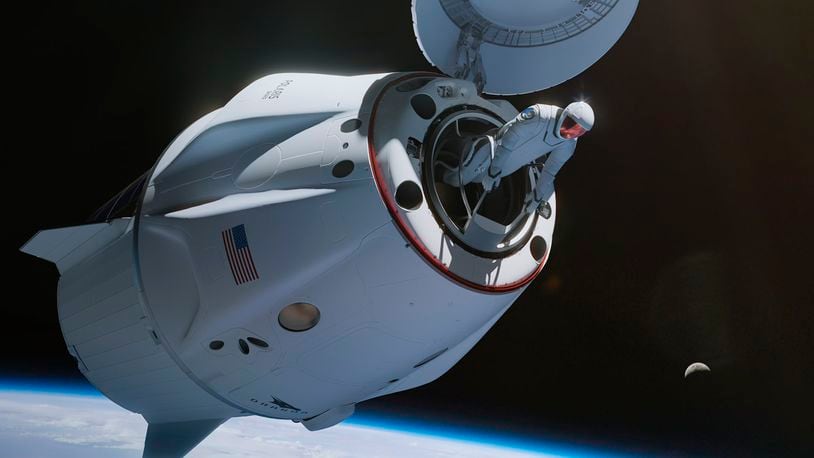 This illustration provided by SpaceX in 2024 depicts a spacewalk from the Dragon capsule. (SpaceX via AP)