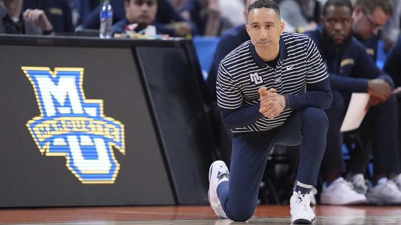 Marquette head coach Shaka Smart is seen on the sidelines during the second half of a second-round college basketball game against Colorado in the NCAA Tournament, Sunday, March 24, 2024 in Indianapolis. (AP Photo/Michael Conroy)