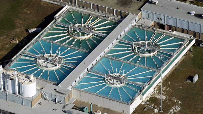 Aerial view of the Lime treatment tanks at the City of Dayton Miami Water Treatment Plant. Dayton draws water form The Great Miami River Buried Aquifer, but treats the water to a stricter surface water standard. Montgomery County purchases water from the city of Dayton. STAFF FILE