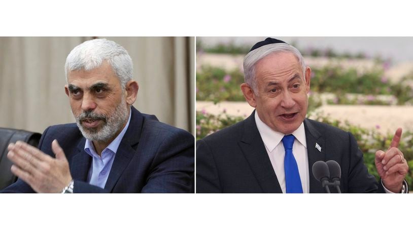 In this combination image, Hamas' leader in Gaza, Yahya Sinwar, speaks on April 13, 2022, in Gaza City, left, and Israeli Prime Minister Benjamin Netanyahu speaks on June 18, 2024, in Tel Aviv. The fate of the proposed cease-fire deal for Gaza hinges in many ways on Sinwar and Netanyahu. Each faces significant political and personal pressures that may be influencing their decision-making and neither seems in a rush to make concessions to end the war. (AP Photo)