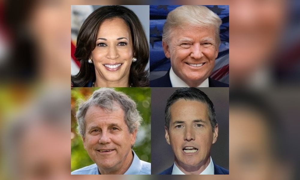 The candidates for president and U.S. Senate are (clockwise from top left); Vice President Kamala Harris, a Democrat, and former President Donald Trump, a Republican, are running for president and Westlake businessman Bernie Moreno, a Republican, and U.S. Sen. Sherrod Brown, D-Ohio, are running for U.S. Senate.