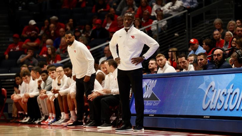 Dayton's Anthony Grant watches the action against Capital in an exhibition game on Saturday, Oct. 29, 2022, at UD Arena. David Jablonski/Staff