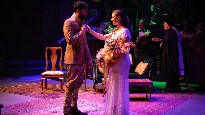 Frank Maranje (Oliver Bashforth) and Racheal Tingley (Laura Pennington) with Jim Walker (Mr. Rupert Smallwood) and Don Campbell (Rev. Charles Corsellis) in the Dayton Theatre Guild's presentation of 'The Enchanted Cottage." PHOTO BY RICK FLYNN PHOTOGRAPHY