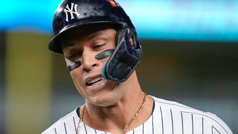 New York Yankees outfielder Aaron Judge reacts after flying out against the Kansas City Royals during the third inning of Game 2 of the American League baseball playoff series, Monday, Oct. 7, 2024, in New York. (AP Photo/Frank Franklin II)