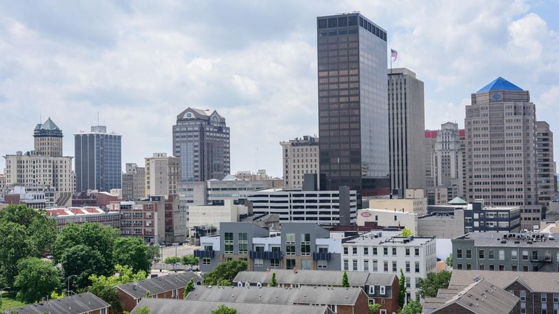 View of the downtown Dayton skyline from inside The Delco, recently completed for Columbus-based developer Crawford Hoying by Brackett Builders, Inc., located at 340 E. First St. in downtown Dayton’s Water Street District. TOM GILLIAM / CONTRIBUTING PHOTOGRAPHER