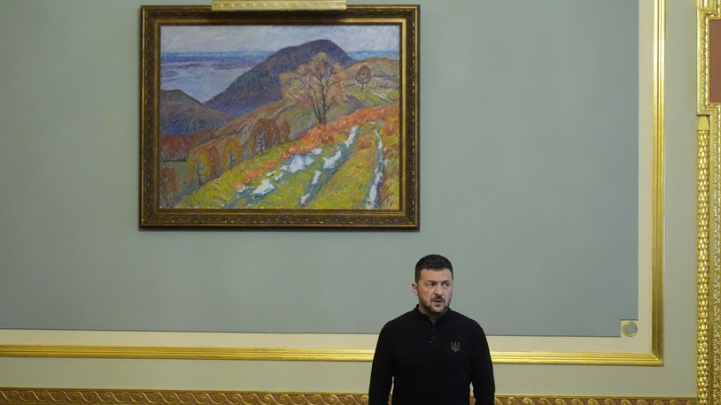 Ukraine's President Volodymyr Zelenskyy prepares to meet U.S. Secretary of State Antony Blinken and Britain's Foreign Secretary David Lammy at the Mariinsky Palace in Kyiv, Ukraine, Wednesday, Sept. 11, 2024. (AP Photo/Mark Schiefelbein, Pool)