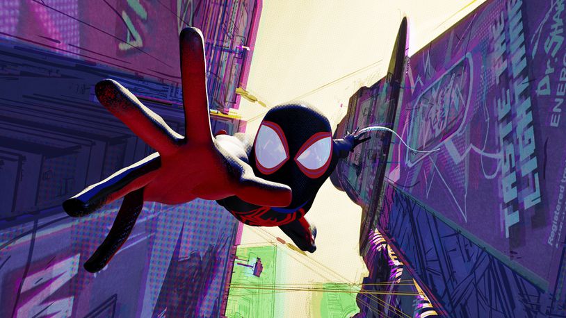 This image released by Sony Pictures Animation shows Miles Morales as Spider-Man, voiced by Shameik Moore, in a scene from Columbia Pictures and Sony Pictures Animation's "Spider-Man: Across the Spider-Verse." (Sony Pictures Animation via AP)