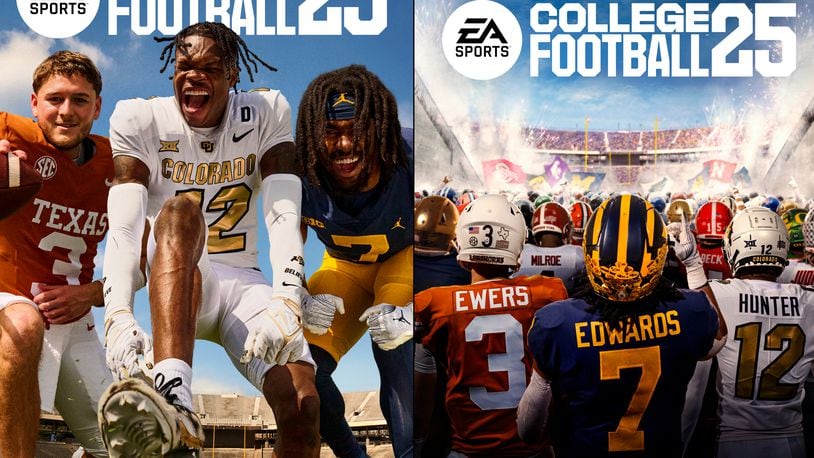 Donovan Edwards, Quinn Ewers & Travis Hunter star on the Standard and Deluxe Edition of College Football 25. (Graphic: Business Wire)