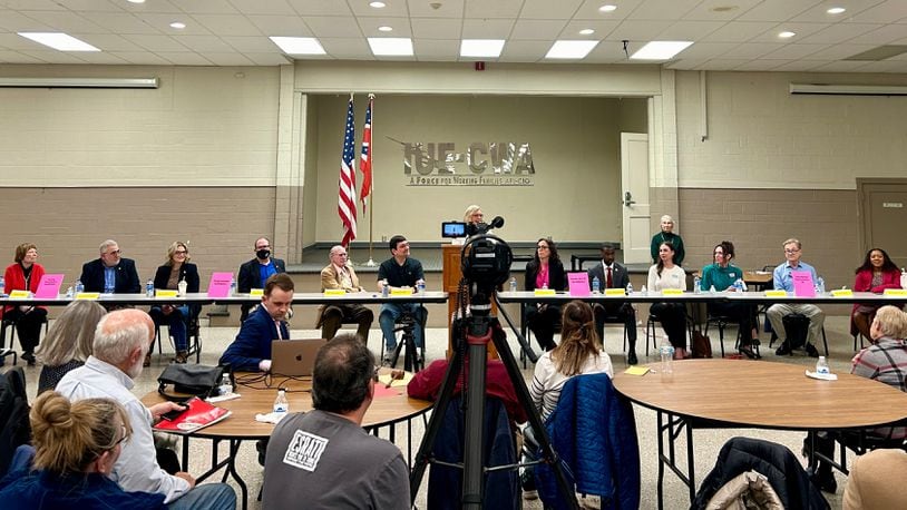 About a hundred voters gathered at the Montgomery County Democrats Headquarters on Feb. 21, 2024 to hear from a full slate of Democratic primary candidates.