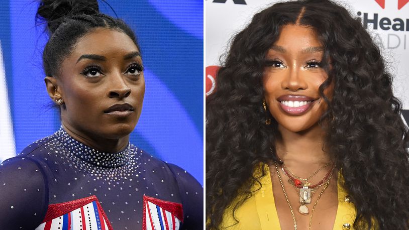 This combination photo shows gymnast Simone Biles at the United States Gymnastics Olympic Trials June 30, 2024, in Minneapolis, left, and SZA at the iHeartRadio Music Awards April 1, 2024, in Los Angeles. (AP Photo)