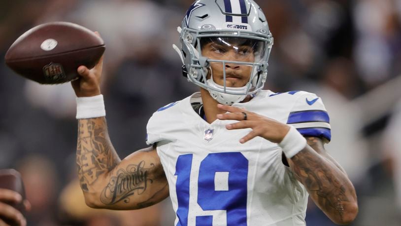 Dallas Cowboys quarterback Trey Lance warms up before an NFL preseason football game against the Las Vegas Raiders, Saturday, Aug. 17, 2024, in Las Vegas. (AP Photo/Steve Marcus)