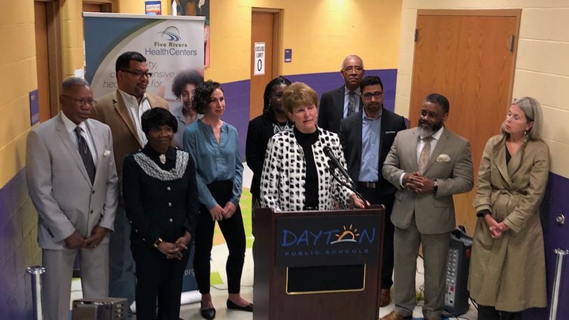 Representatives of Dayton Public Schools, Five Rivers Health Centers and the city of Dayton announce plans to open a student health center in fall 2019. The center will be located in the newly named Roosevelt elementary school at 1923 W. Third St. That building is currently called Dayton Boys Prep Academy, but will merge next year with the closing World of Wonder school. JEREMY P. KELLEY / STAFF