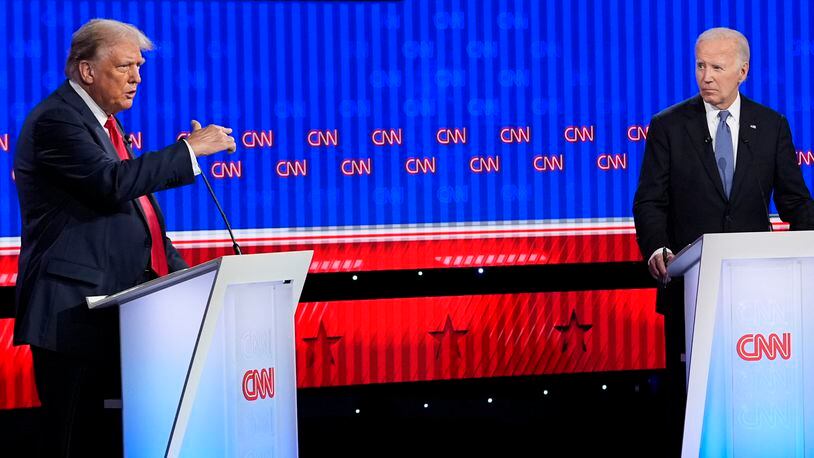 FILE - Republican presidential nominee former President Donald Trump speaks during a presidential debate hosted by CNN with President Joe Biden, June 27, 2024, in Atlanta. (AP Photo/Gerald Herbert, File)