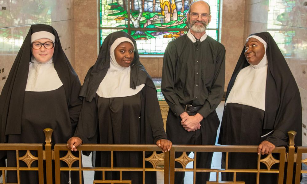 Left to right: Anna Rae Brown as Sister Mary Patrick, Amirah Musa as Deloris Van Cartier, Michael Karrick as Monsignor O'Hara, and Tia Seay as Mother Superior in INNOVATheatre's production of 