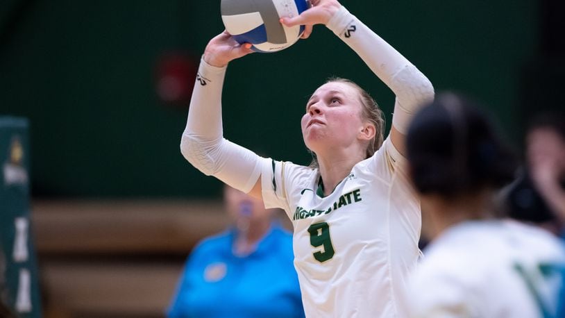 Wright State's Katie Meyer sets the ball to a teammate during a match against Milwaukee at McLin Gym on Nov. 4, 2023. Wright State Athletics photo